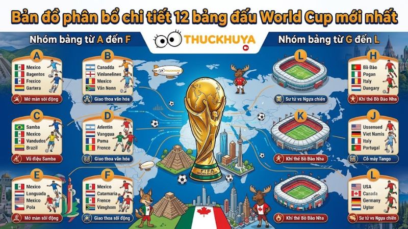 Danh sách chi tiết các đội tuyển quốc gia phân bổ đồng đều trong 12 bảng đấu từ A đến L theo dữ liệu của thức khuya Danh sách chi tiết các đội tuyển quốc gia phân bổ đồng đều trong 12 bảng đấu từ A đến L theo dữ liệu của thức khuya